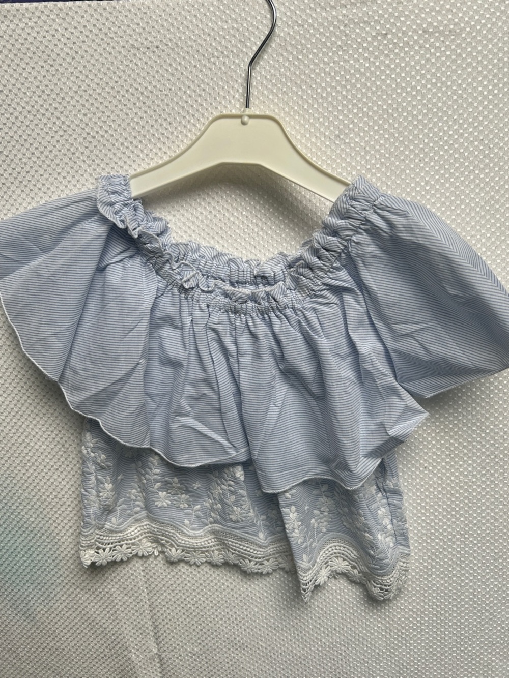 Mayoral Light Blue Off-the-Shoulder Ruffle Lace Top. NWT